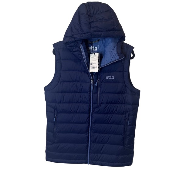 NEW Stio Mens Small Hometown Hooded Down Vest Mountain Shadow Blue - Picture 1 of 15